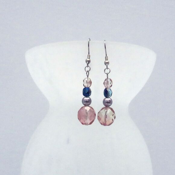Crystal and Pearl Dangle Earrings for Women, Blue & Pink Handmade Drop Earrings - Picture 2 of 7